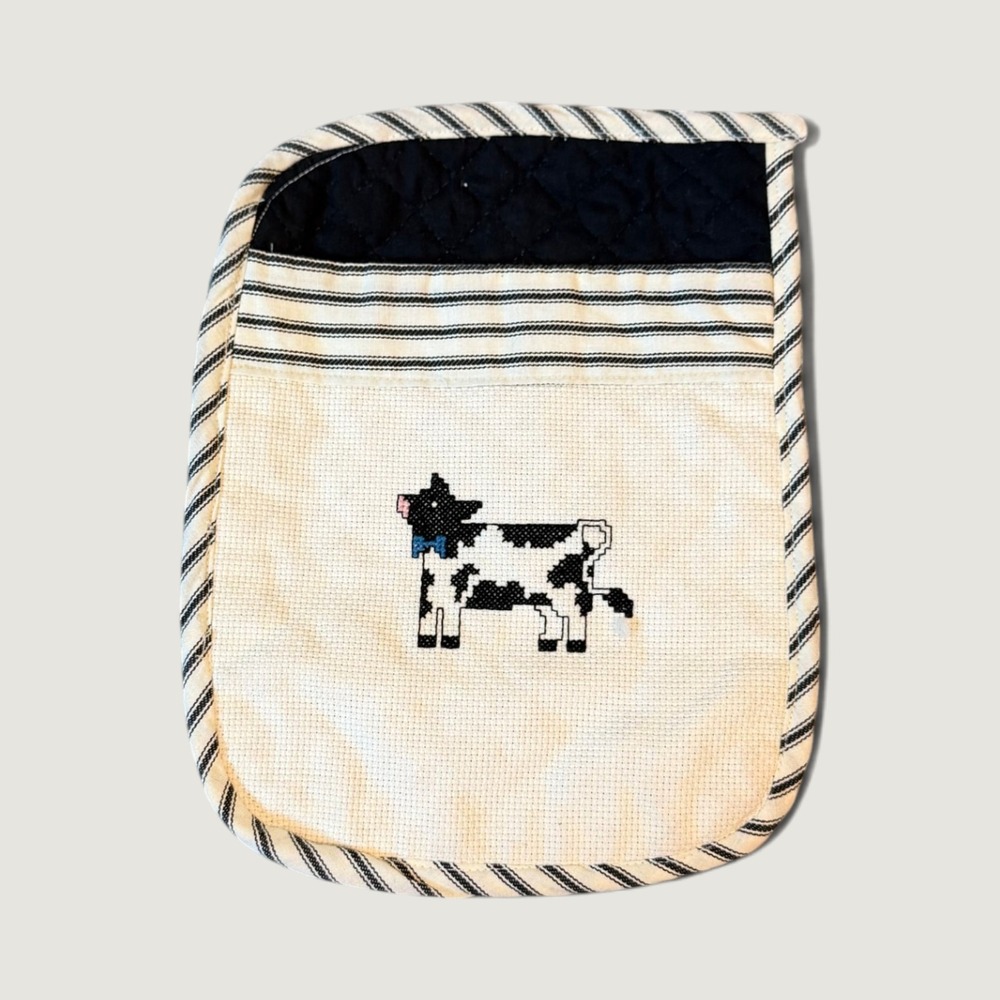 Handmade Cross Stitch Cow Quilted Pot Holder Cream Black Striped Farmhouse Decor